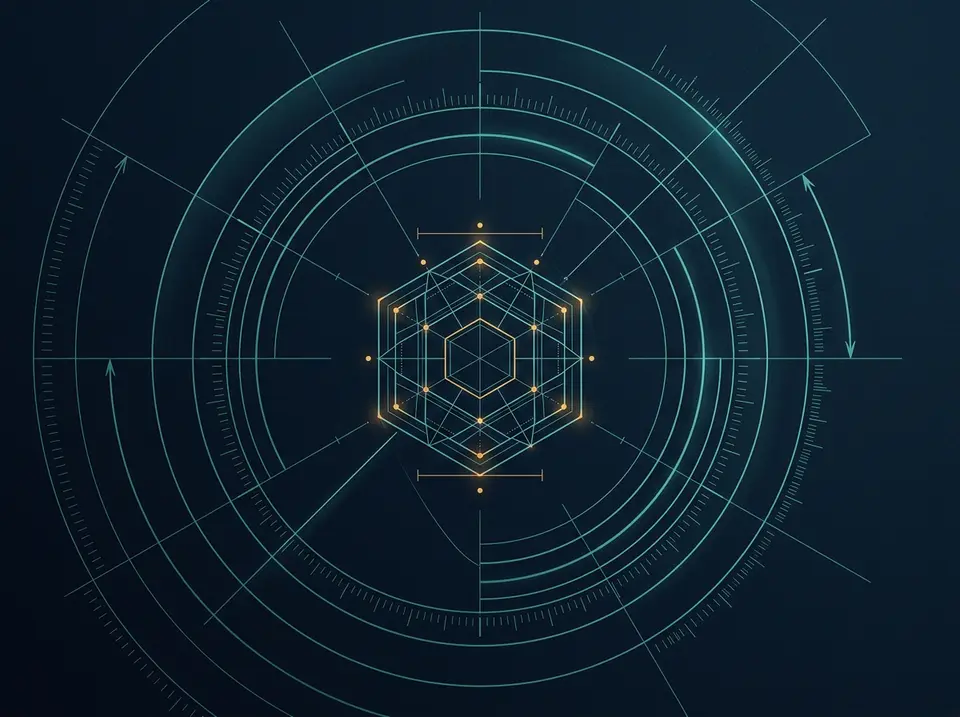 Abstract drafting composition of a system being carefully assembled