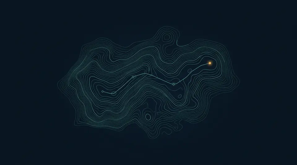 Abstract contour map with a charted route, representing an AI roadmap