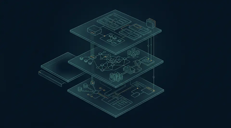 Abstract isometric illustration of layered custom AI system architecture