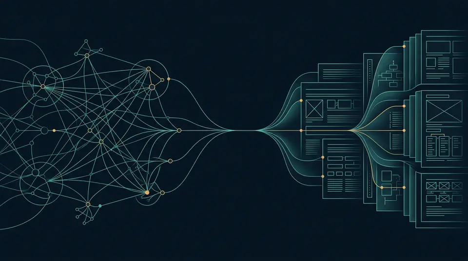 Abstract illustration of a knowledge graph flowing into generated structured content
