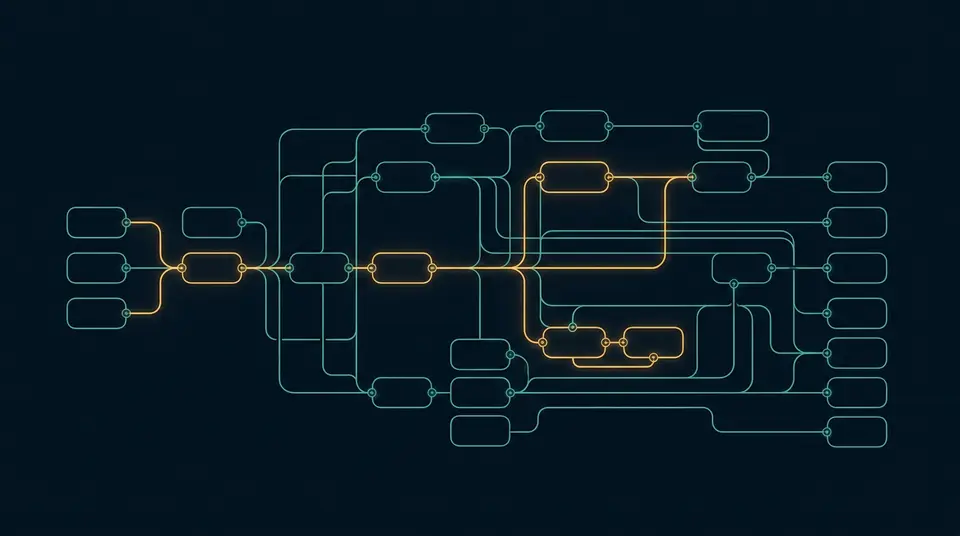 Abstract illustration of a branching workflow pipeline connecting business systems